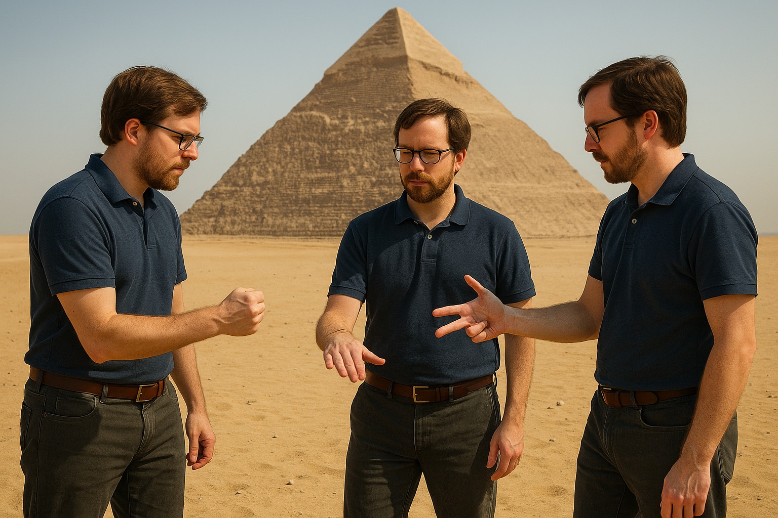 Dave playing rock/paper/scissors with two clones